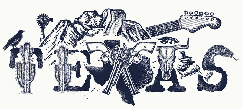 Texas tattoo and t-shirt design. Texas slogan. Mountains, revolvers, skull bison, cactus, guitar. American art. USA art, Symbol of prairies, wild west, blues music