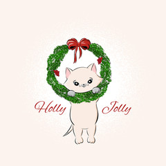 Vintage Merry Christmas card design template vector. Cute baby kitten with holiday spruce wreath and bow. Holly Jolly. Funny New Year illustration for greeting postcard for girl, sister, daughter.