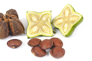 fresh and dry Inca peanut in wood spoon on white background