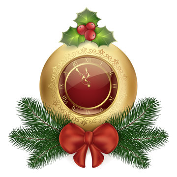 Christmas clock in gold frame with decorations, branches of tree, bows and bells illustration of white background