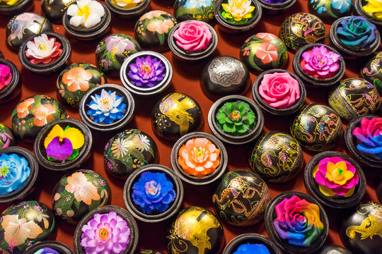 Handcrafted soap flowers at night market in Chiang Mai Thailand