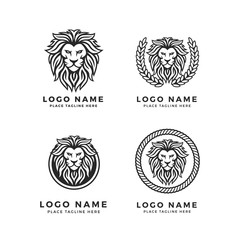 Set of King Lion Head Logo Template, Strong Glare Lion Face. Black  Elegant Transparent Design Badge, Sticker, Icon, Emblem, Brand Identity with, Circle, Rope, Chain, Laurel Wreath Ornament Frame