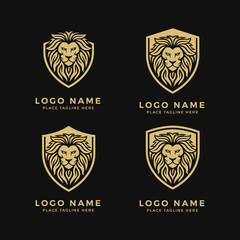 Set of King Lion Head Logo Template, Strong Glare Lion Face. Golden Elegant Design Badge, Sticker, Icon, Emblem, Brand Identity Shield Defense Frame