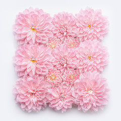 Creative Pastel pink flowers flat lay, top view, vertical. Layout  or greeting card for Mothers day, wedding or happy event