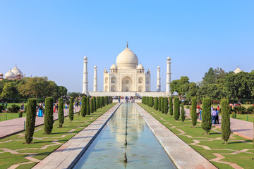 Agra, India - 10 October 2016: Taj Mahal and tourist. One of famous world heritage.