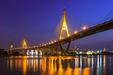 Fototapeta na wymiar Bangkok, Thailand - October 28, 2012: Bhumibol Bridge 1 and 2, the largest bridge over Chao Phraya river at twillight