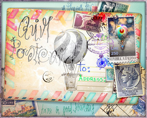 Cartolina vintage di posta aerea con vecchi francobolli e mongolfiere
