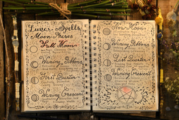 Open witch book with lunar spells and magic wands in candle light.