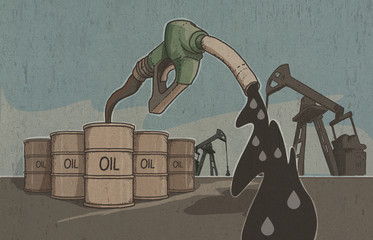Illustrazione di barili di petrolio con pompa della benzina, Aumenti del prezzo del greggio nel mondo