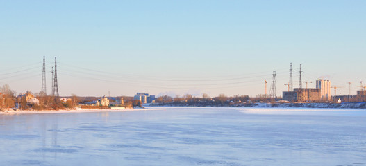 Naklejka premium View of Neva River at winter sunset.