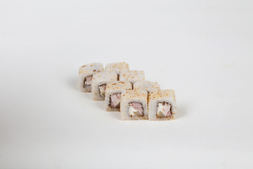 Japanese food Sushi rolls with fish on a white background