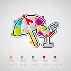 Five options Summer timeline infographic design with parasol and cocktail glass icon made out of jigsaw pieces