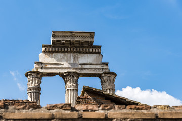 Remains of the three pillars of Temple of Castor and Pollux, Roman Forum, Rome, Italy. Temple...