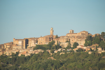 Fototapeta na wymiar Medieval hilltop town of Montepulciano, in the heart of Tuscany, taken from afar.