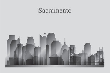 Sacramento city skyline silhouette in grayscale