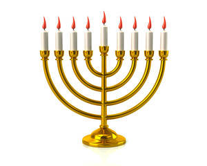 Golden Hanukkah menorah with burning candles