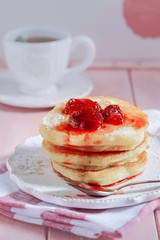 Pancakes with Strawberry Jam.  Pancake breakfast, Close-up
