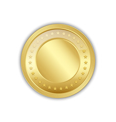 Golden token decorated with stars placed on white background - obrazy, fototapety, plakaty