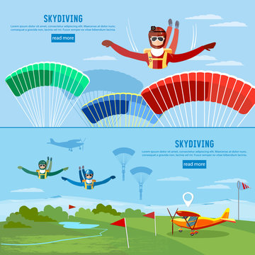 Skydiver jumps from an airplane vector banner. Skydiving teamwork banner extreme sport
