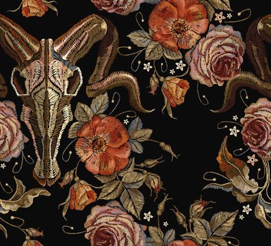 Embroidery bull skull and roses seamless pattern. Dia de muertos, day of the dead. Gothic romanntic embroidery bison buffalo skulls red roses and peonies tribal pattern, clothes t-shirt design