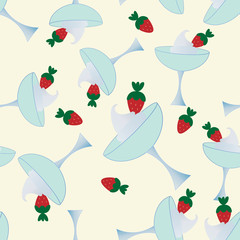 Strawberries with whipped cream. Dessert. Vector. Seamless background.