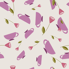 Seamless pattern with cups and roses. Vector.