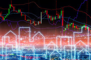 Candle stick graph chart of stock market investment trading with double exposure with city shape concept