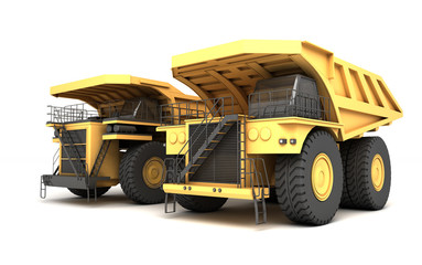 3d illustration. Group of two empty mining dump truck tipper big heavy yellow cars. Front side view. Direction from right to left © Evgenii Iakovenko