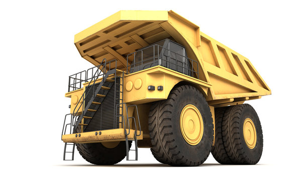 3d illustration. Empty mining dump truck tipper big heavy yellow car. Front bottom view. Direction from right to left