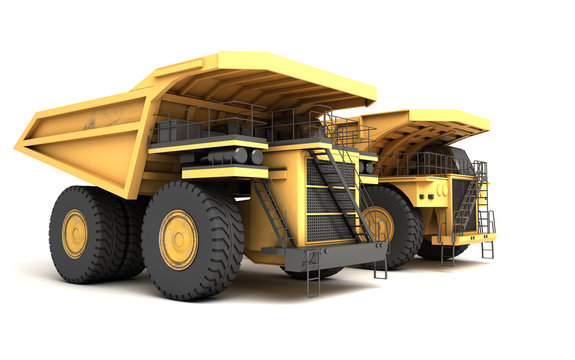 3d illustration. Group of two empty mining dump truck tipper big heavy yellow cars. Front side view. Direction from left to right