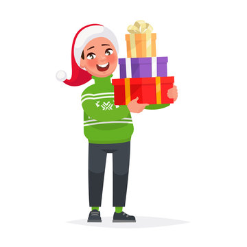 Happy boy in christmas hat with a gift for a holiday. Vector illustration in cartoon style