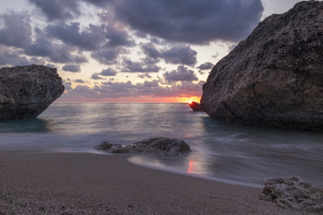 Fototapeta na wymiar Kalamitsi beach at sunset long exposure Ionian Sea
