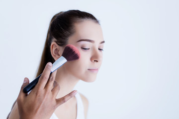 beauty concept with beautiful caucasian girl blond hair makeup isolate white background with free copysapce for your text