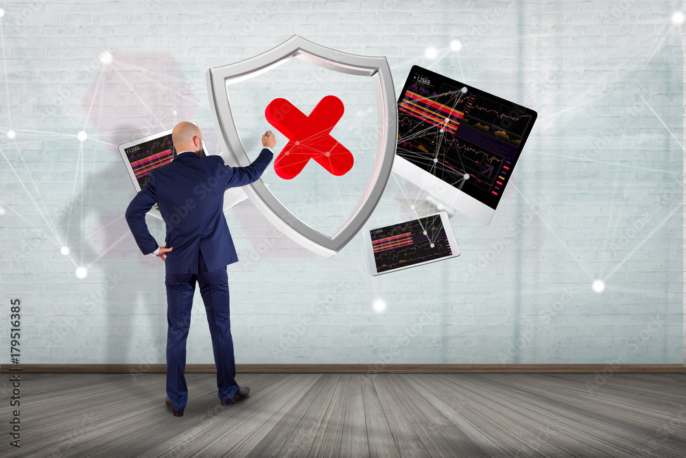 Poster hacked shield symbol surrounded by devices and network displayed on a futuristic interface