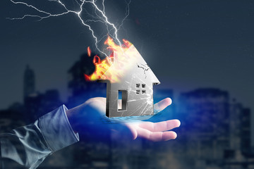 Shinny damaged silver house displayed on a futuristic interface - 3d rendering