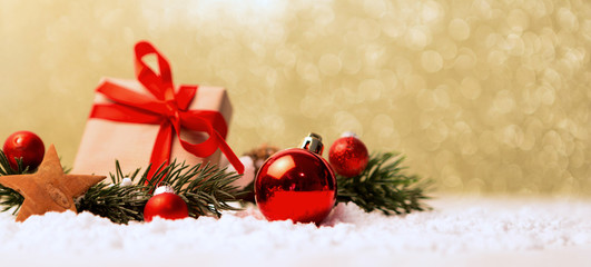 Christmas background with christmas balls, gifts and decoration