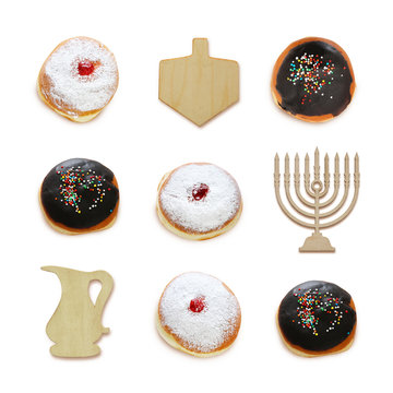 jewish holiday Hanukkah image with traditional doughnuts and menorah (traditional candelabra) isolated on white.