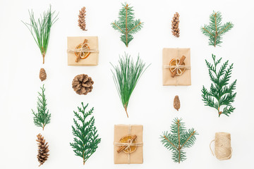 Fototapeta na wymiar Christmas concept. Gift box, winter plants and cones on white background. Winter, new year composition. Flat lay. Top view