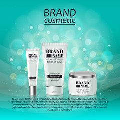 3D realistic cosmetic bottle ads template. Cosmetic brand advertising concept design with glitters and bokeh background