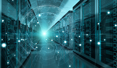 Earth network flying over server room data center 3D rendering
