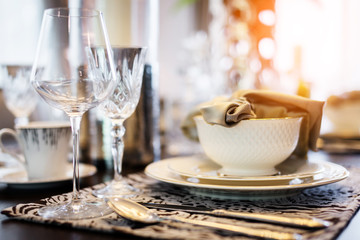 dining set with dish and spoon on white clean napkin