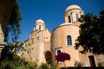 Fototapeta premium Santorini, Greece - church with blue dome on blue sky background