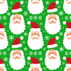 Cute childish winter seamless pattern with hand drawn Christmas elements as Santa Claus face and snowflakes background