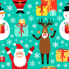 Cute winter childish seamless pattern with hand drawn Christmas cartoon characters as Santa Claus, Reindeer and Snowman