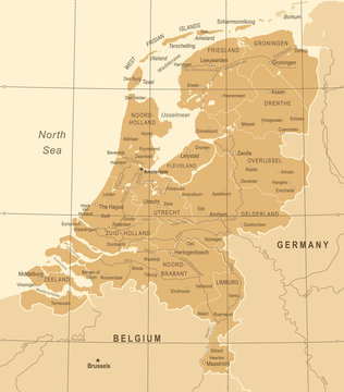 Netherlands Map - Vintage Vector Illustration