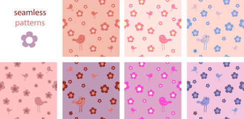 A collection of funny cute cartoon seamless pastel purple and pink patterns with birds and flowers