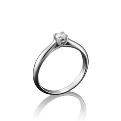 White gold diamond jewelry ring on white background with reflection