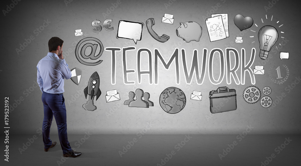 Poster businessman watching teamwork sketch on a wall 3d rendering