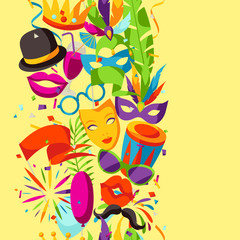 Carnival party seamless pattern with celebration icons, objects and decor