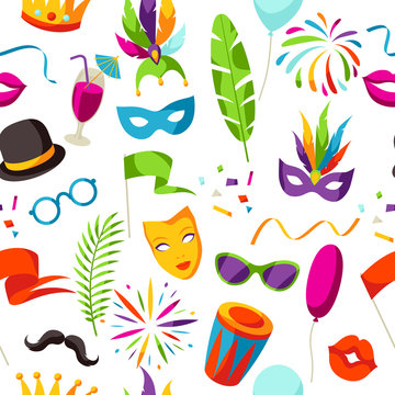 Carnival party seamless pattern with celebration icons, objects and decor